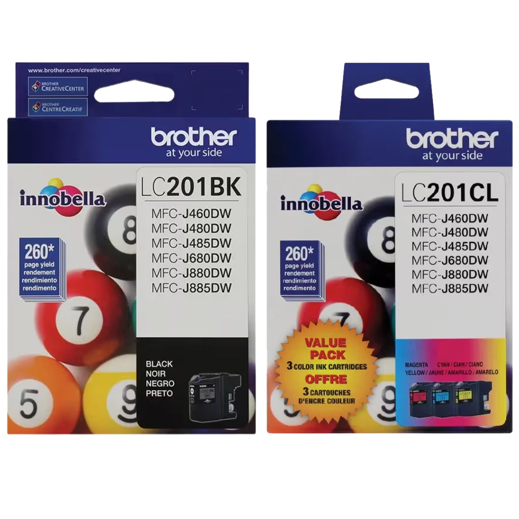 New, Pre-Owned - Brother LC201 Black, Cyan, Magenta, Yellow Ink Cartridges