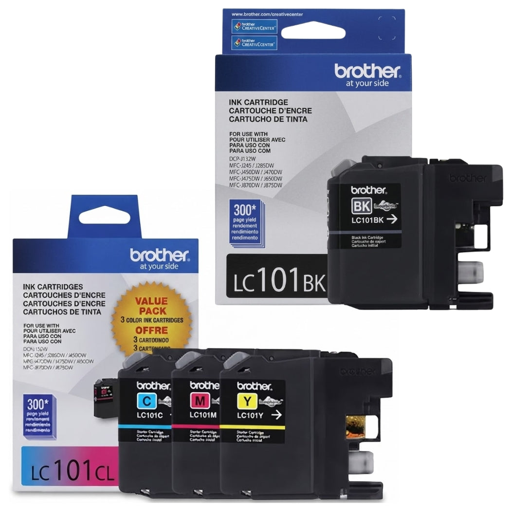 New, Pre-Owned - Brother LC101 Black, Cyan, Magenta, Yellow Ink Cartridges