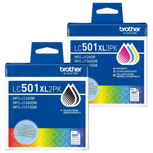 New, Pre-Owned - Brother LC501XL High Yield Multi-Color (2-Black) & (Color) Ink Cartridge, BCMY-5 Pack