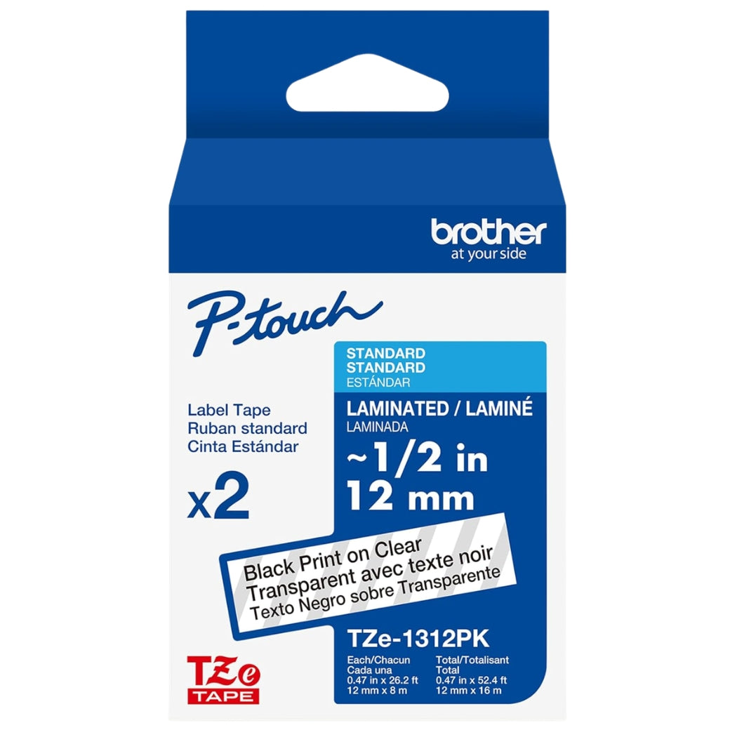 New, Pre-owned, Original Brother P-touch TZe-131 Laminated Label Maker Tape, 1/2" x 26-2/10', Black on Clear, 2/Pack (TZe-1312PK)