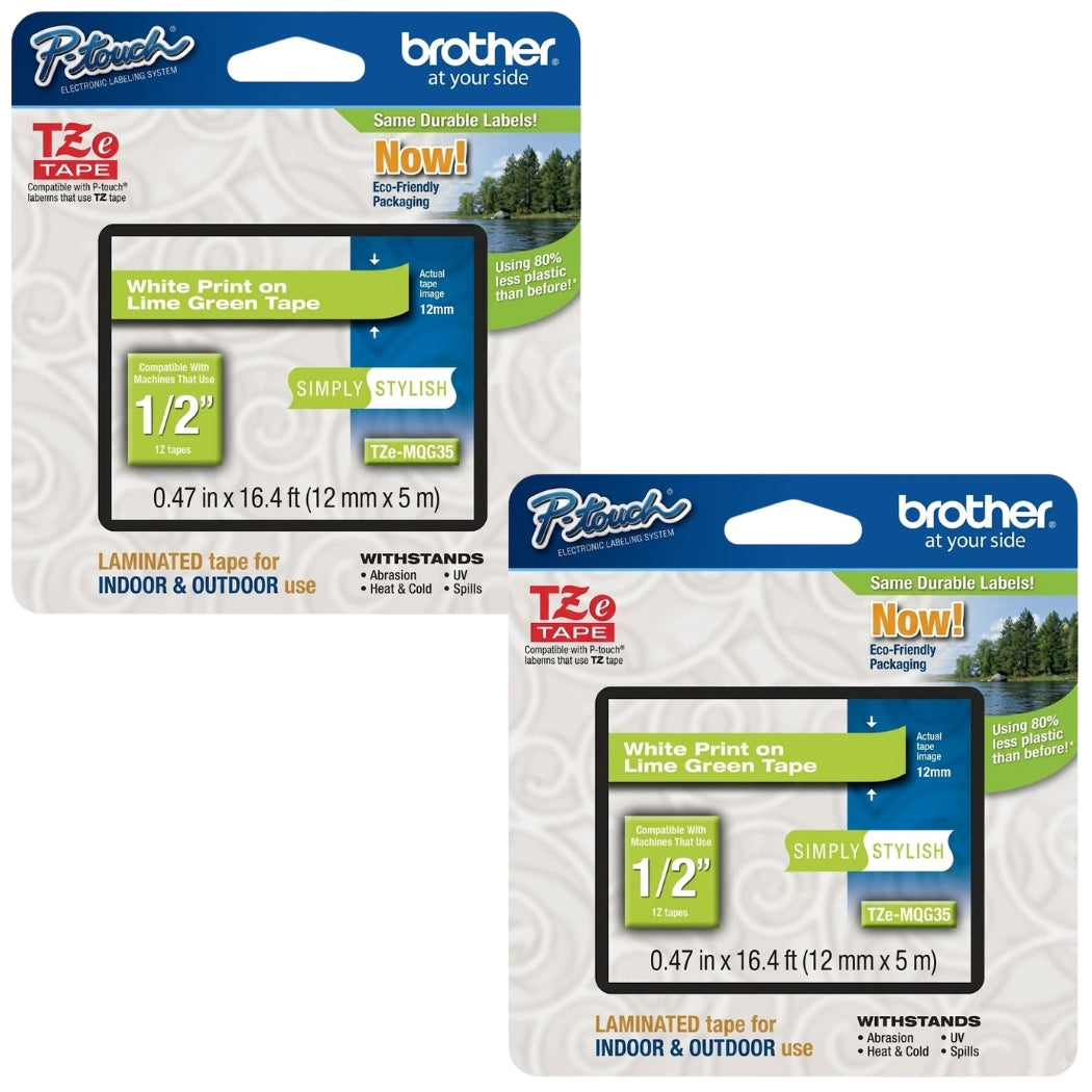 New, Pre-owned, Original Brother TZe-MQG35M Labelling Tape Cassette, White on Lime Green, 12mm (W) x 5M (L)-2-Pack