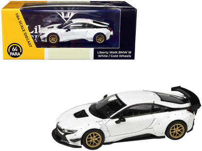 BMW i8 Liberty Walk White with Gold Wheels 1/64 Diecast Model Car by Paragon Models  free shipping USA