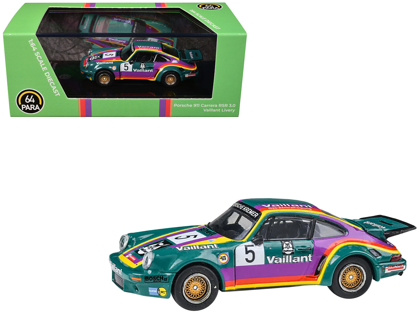 1975 Porsche 911 Carrera RSR 3.0 #5 "Kremer Racing - Vaillant" Green with Stripes 1/64 Diecast Model Car by Paragon Models  free shipping USA
