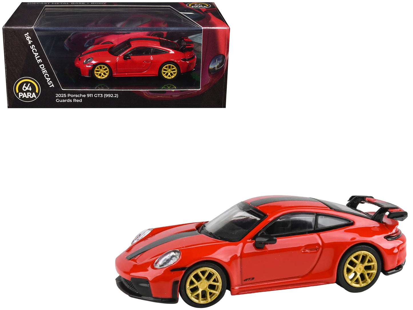 2025 Porsche 911 GT3 (992.2) Guards Red with Carbon Stripe and Gold Wheels 1/64 Diecast Model Car by Paragon Models  free shipping USA
