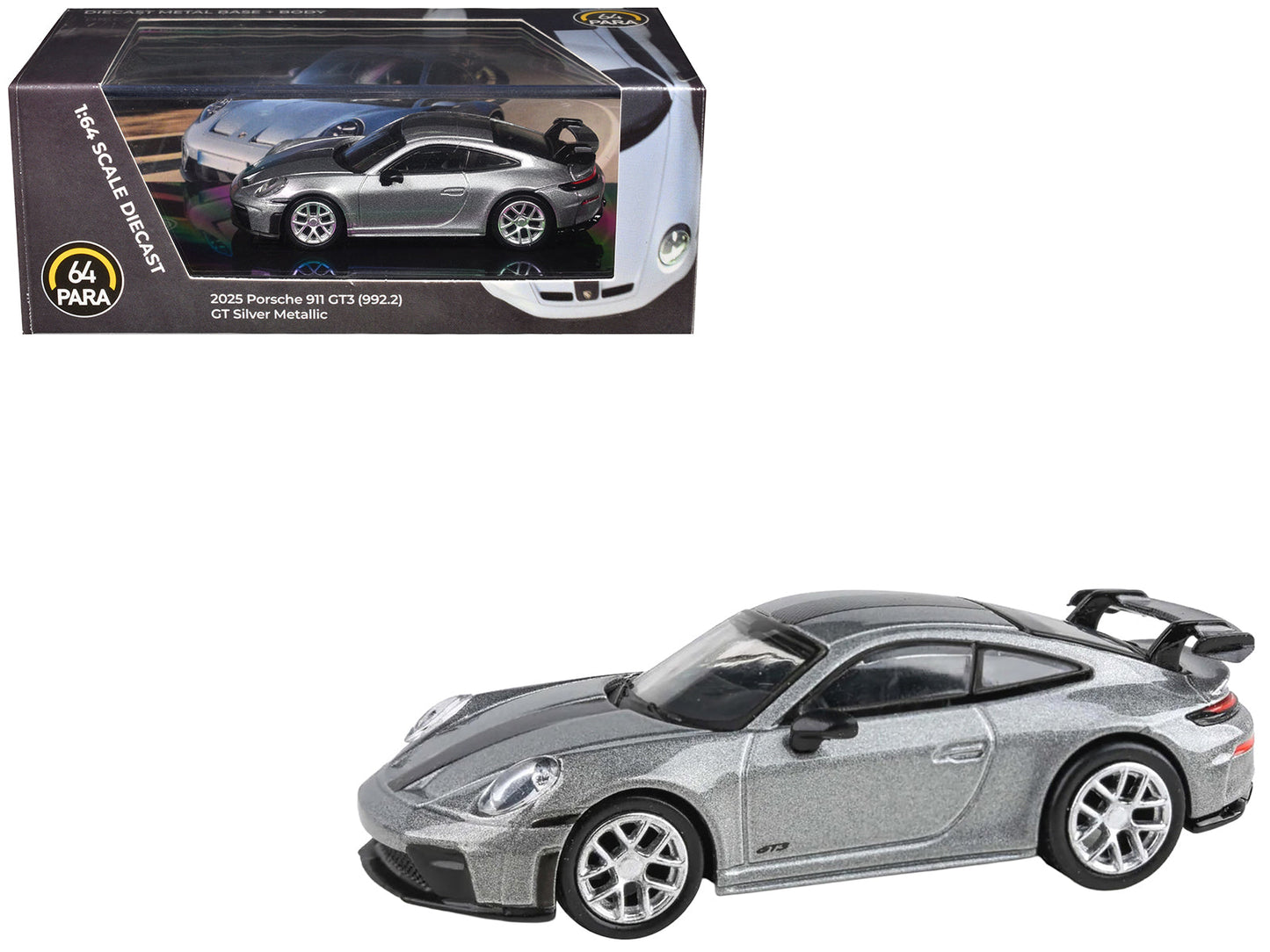 2025 Porsche 911 GT3 (992.2) GT Silver Metallic with Carbon Stripe 1/64 Diecast Model Car by Paragon Models  free shipping USA