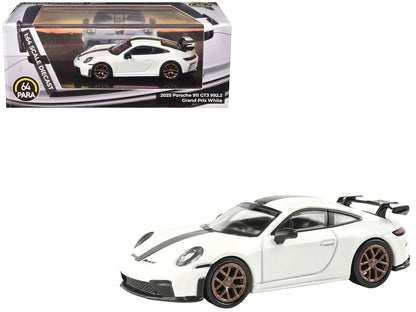 2025 Porsche 911 GT3 (992.2) Grand Prix White with Carbon Stripe 1/64 Diecast Model Car by Paragon  free shipping USA