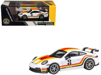 2025 Porsche 911 GT3 (992.2) #3 "Andial Livery" White with Stripes 1/64 Diecast Model Car by Paragon Models