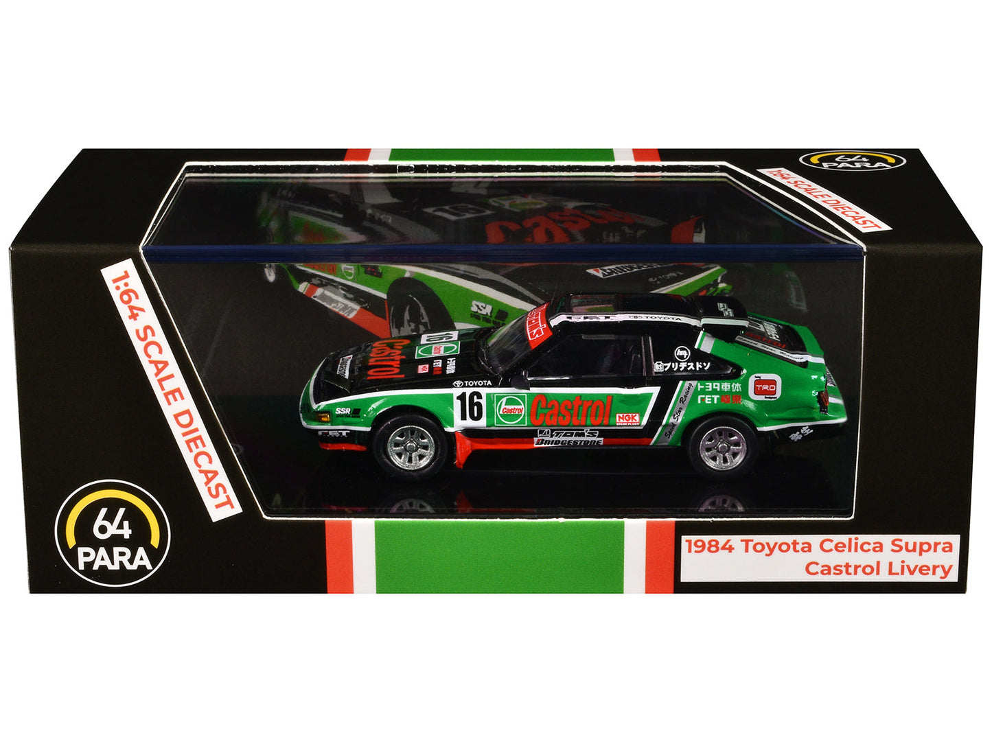 1984 Toyota Celica Supra #16 "Castrol Livery" Black and Green with Graphics 1/64 Diecast Model Car by Paragon Models  free shipping USA