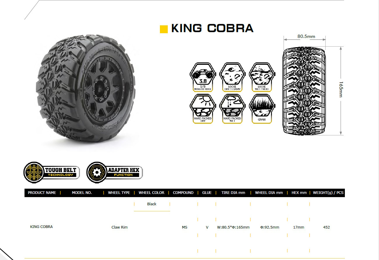 Powerhobby 1/8 MT 3.8 King cobra Belted Mounted Tires (2) 17MM