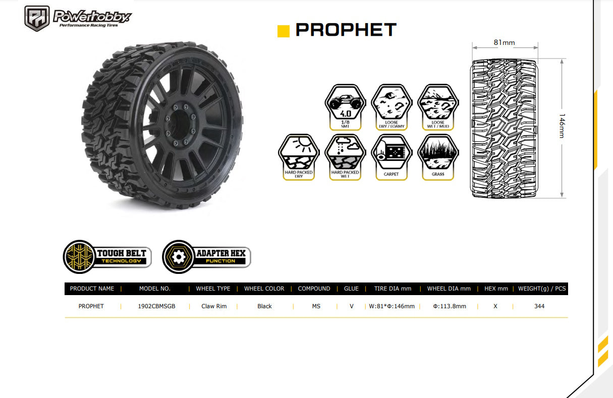 Powerhobby 1/8 MT 4.0 Prophet Belted Mounted Tires w Removable Hex Wheels (2)