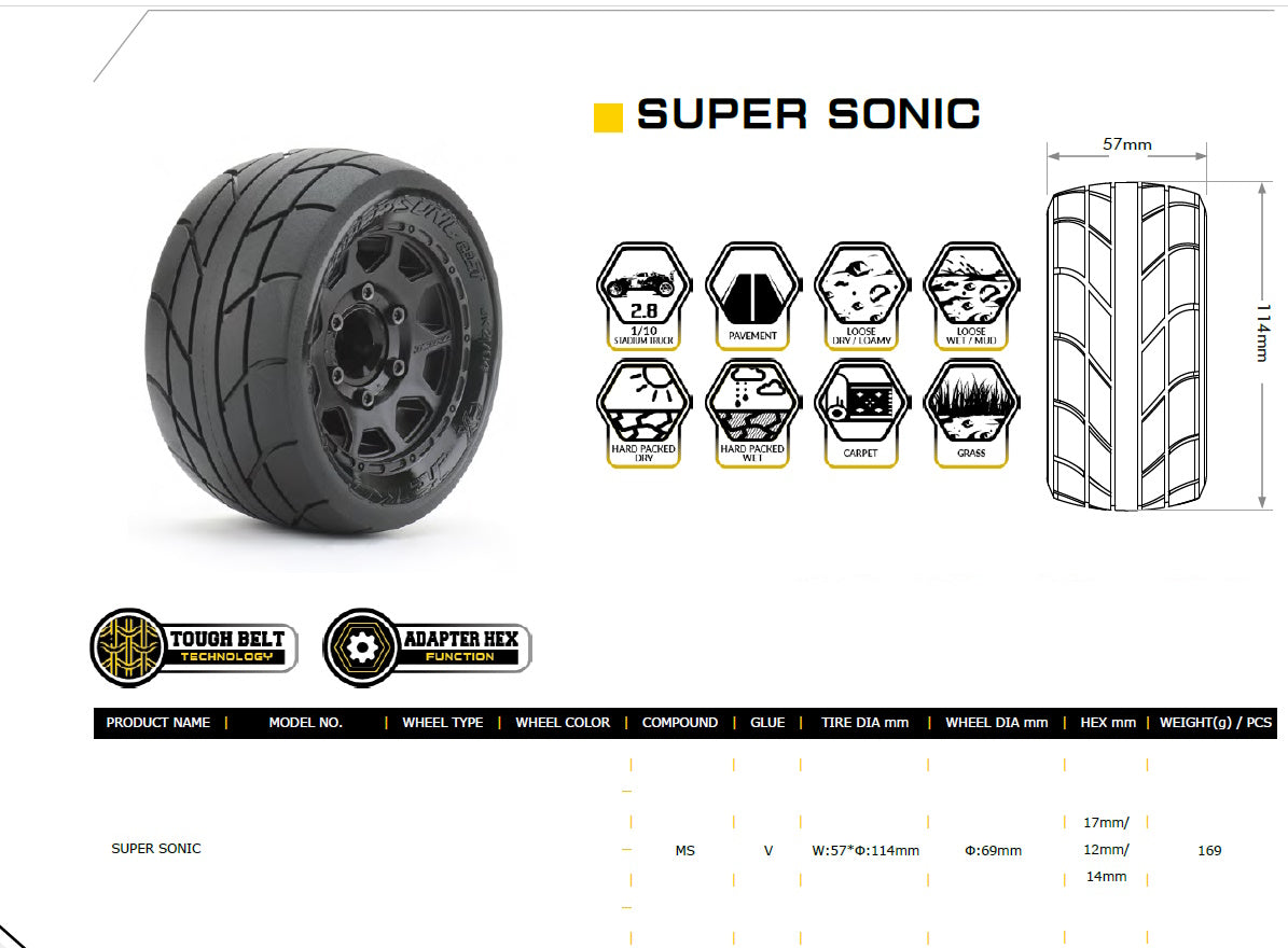 Powerhobby 1/10 2.8 ST Super Sonic Belted Tires (2) with Removable Hex Wheels
