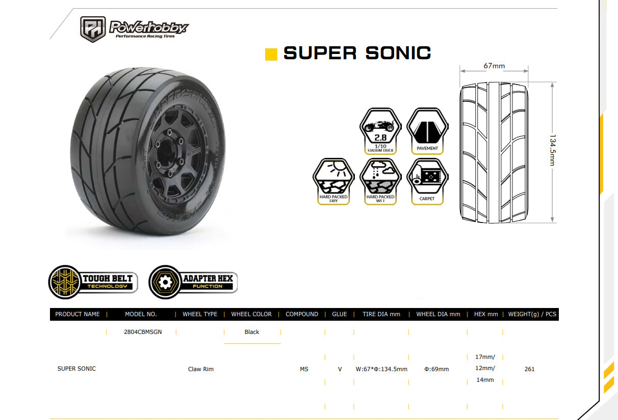 Powerhobby 1/10 2.8 MT Super Sonic Tires (2) with Removable Hex Wheels