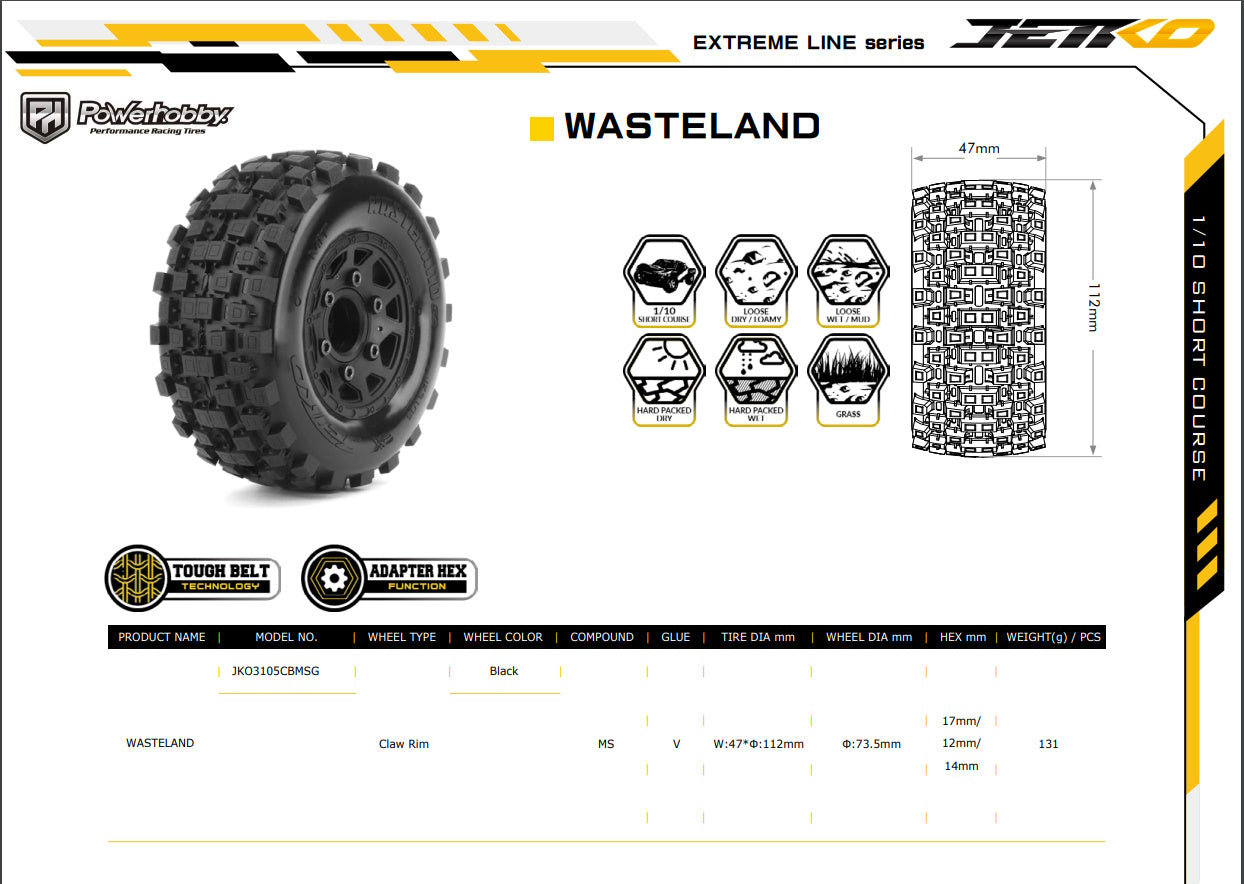 Powerhobby WASTELAND SC Belted Tires (2) with Removable Hex Wheels