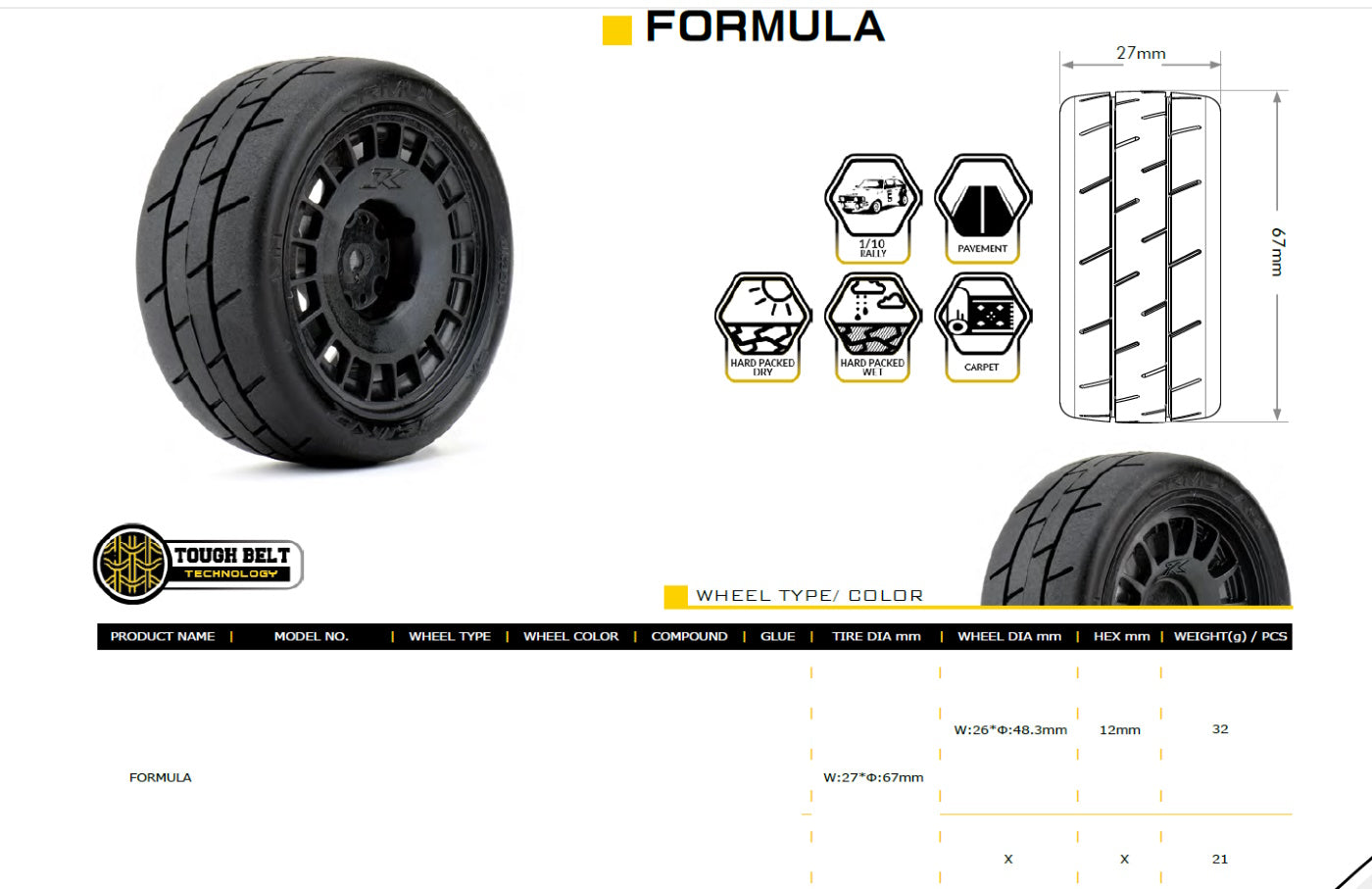 Powerhobby 1/10 Rally Car Formula Mounted Tires / Radial Wheels (4)