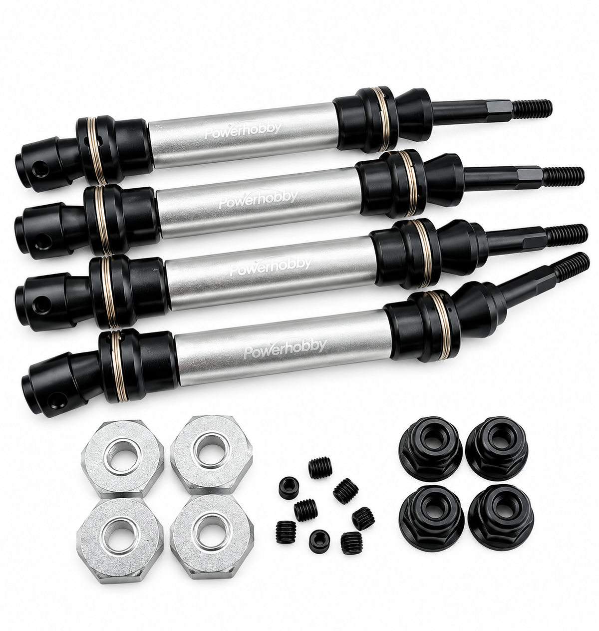 Powerhobby Front & Rear HD Steel Driveshafts / CVD Silver FOR Traxxas Slash 4WD
