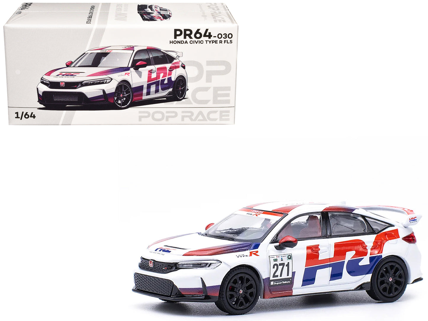 Honda Civic Type R FL5 "HRC - Honda Racing" White with Graphics 1/64 Diecast Model Car by Pop Race  free shipping USA