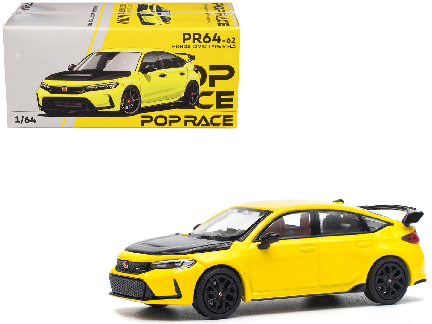 Honda Civic Type R FL5 Yellow with Carbon Hood 1/64 Diecast Model Car by Pop Race  free shipping USA