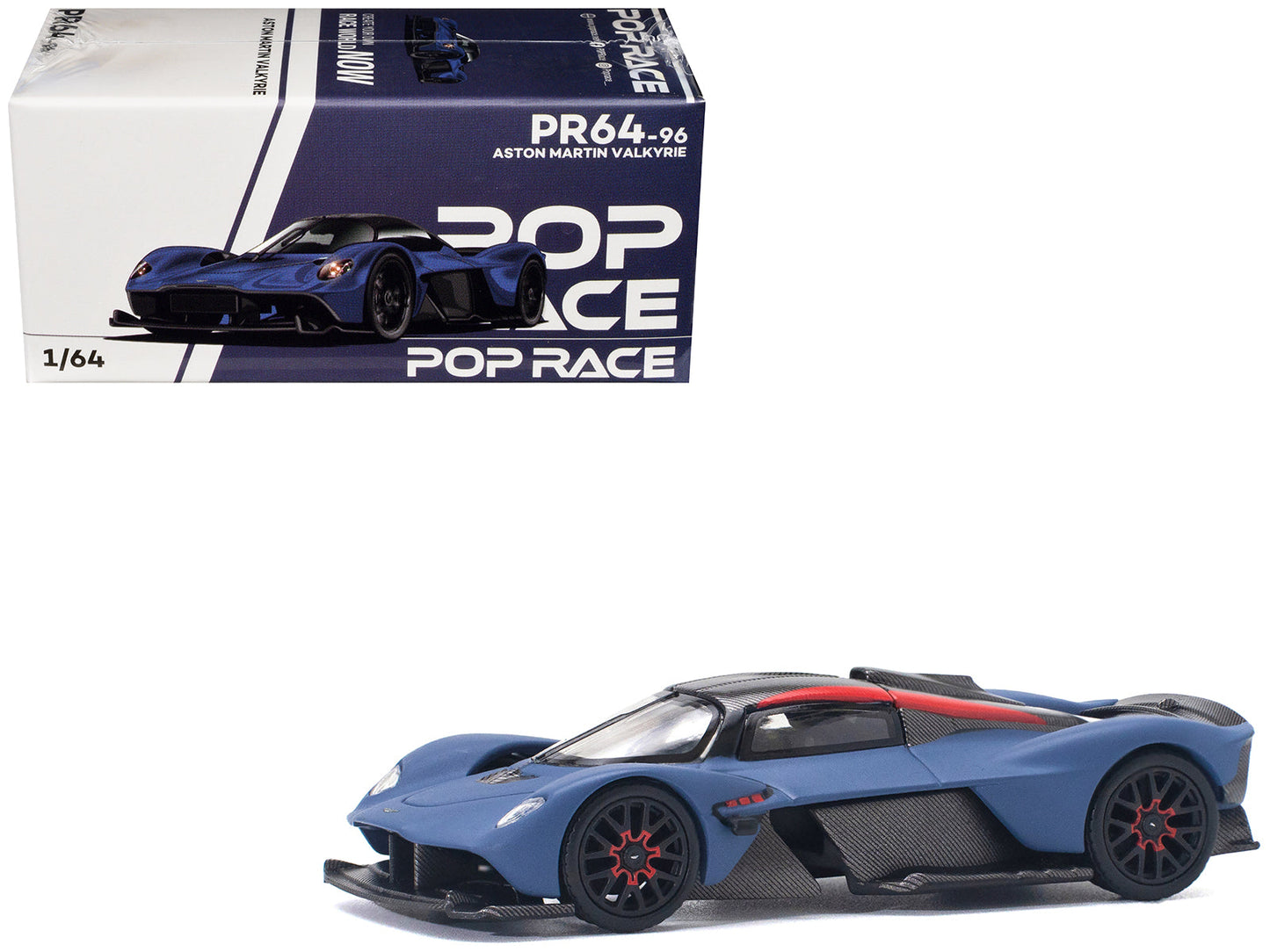 Aston Martin Valkyrie Satin Marina Blue with Carbon Top 1/64 Diecast Model Car by Pop Race  free shipping USA