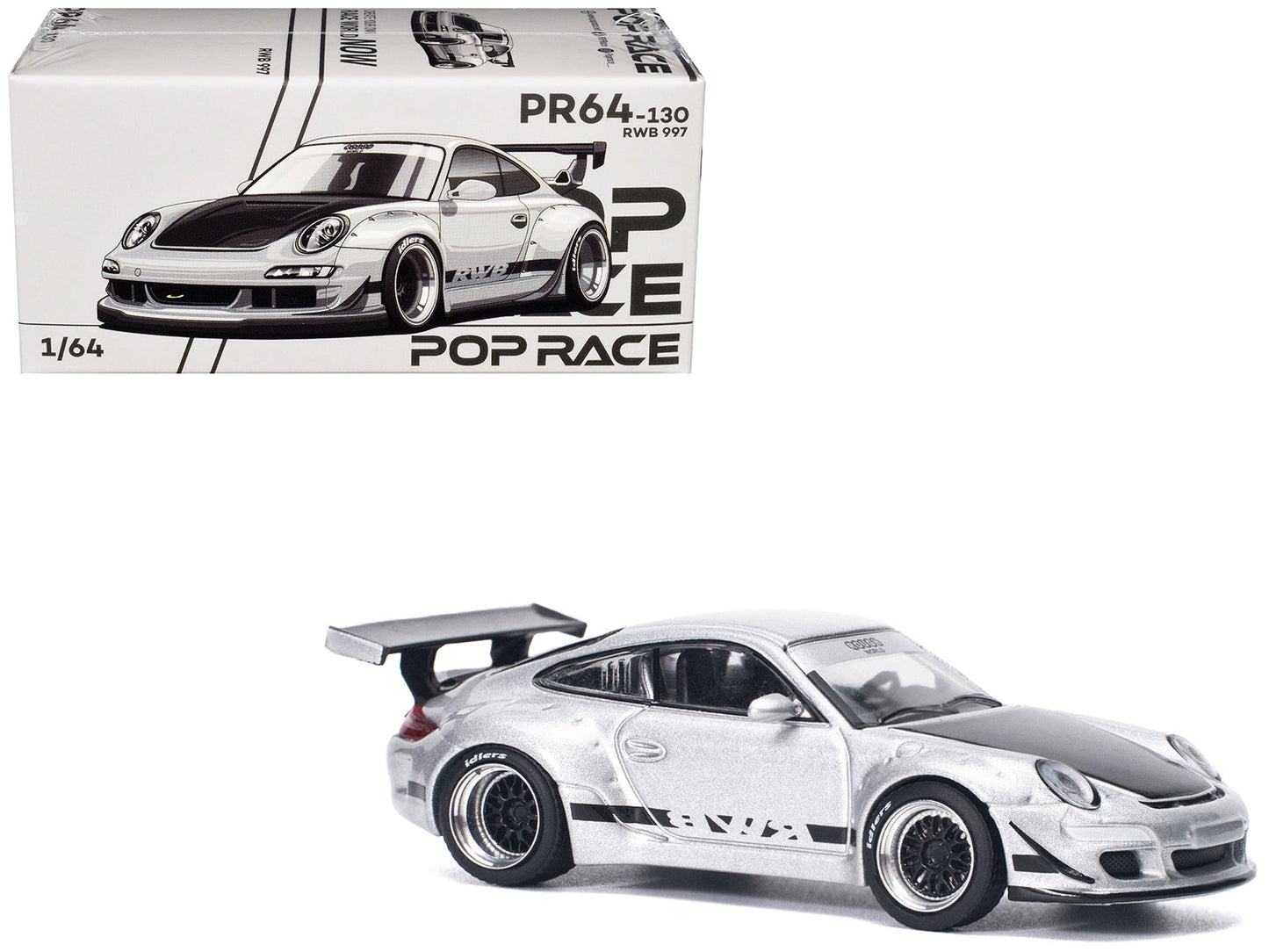RWB 997 Silver Metallic with Black Stripes and Hood 1/64 Diecast Model Car by Pop Race  free shipping USA