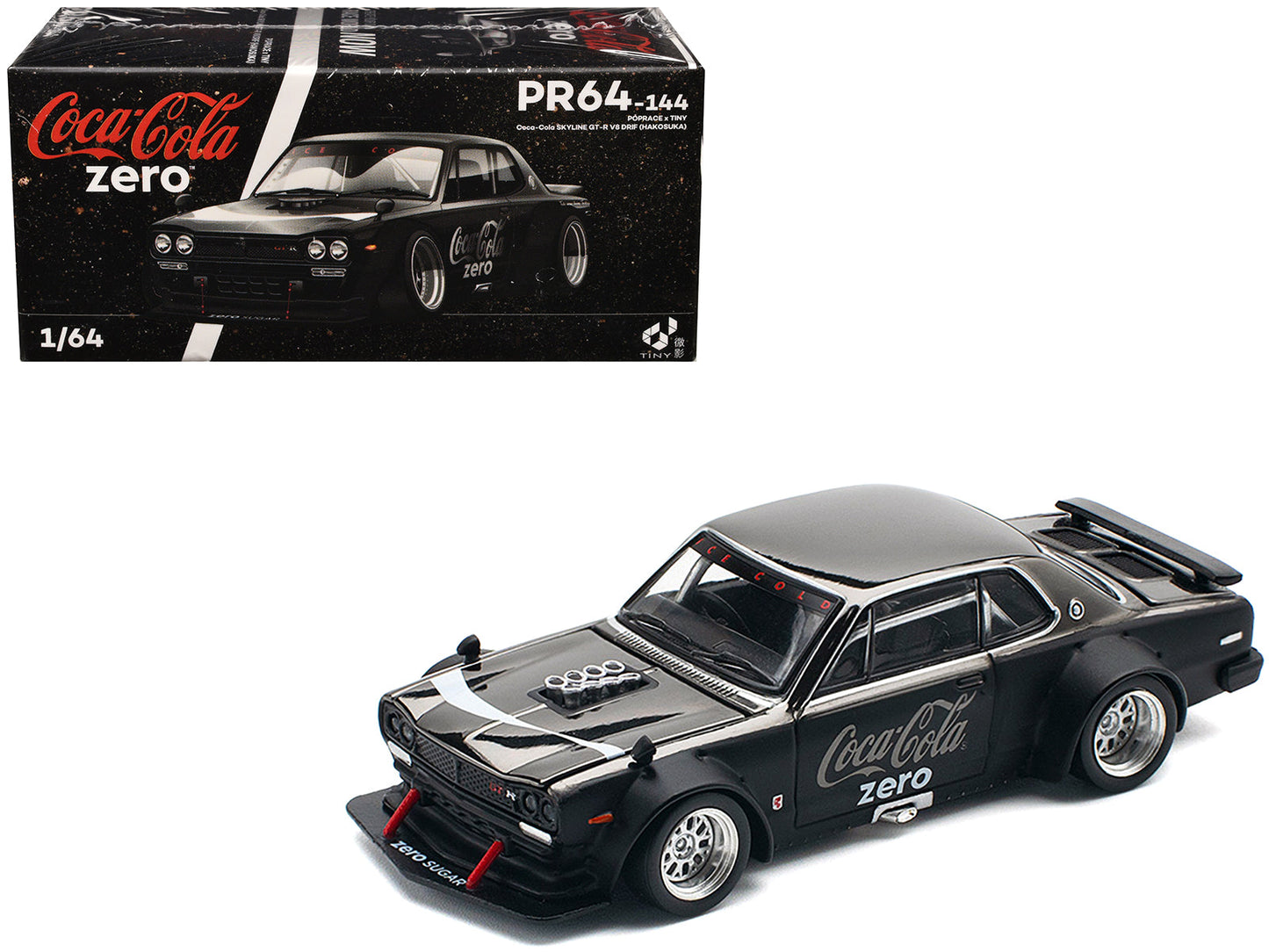 Skyline GT-R V8 Drift "Hakosuka" RHD (Right Hand Drive) "Coca-Cola Zero" Dark Chrome and Black 1/64 Diecast Model Car by Pop Race  free shipping USA