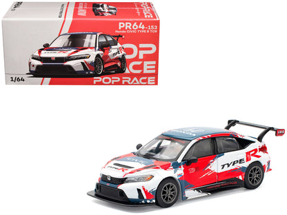Honda Civic Type R TCR "Presentation" White with Graphics 1/64 Diecast Model Car by Pop Race  free shipping USA
