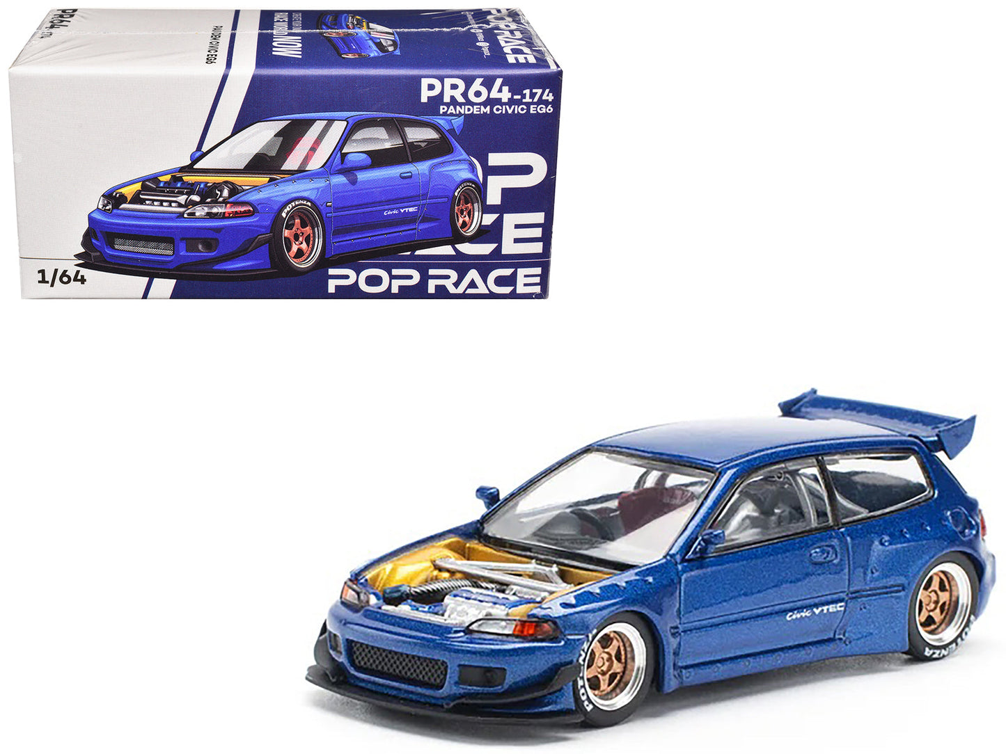Pandem Civic EG6 VTEC RHD (Right Hand Drive) Blue Metallic with No Hood 1/64 Diecast Model Car by Pop Race  free shipping USA