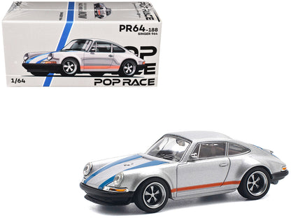 Singer 964 Silver Metallic with Blue and Red Stripes 1/64 Diecast Model Car by Pop Race  free shipping USA