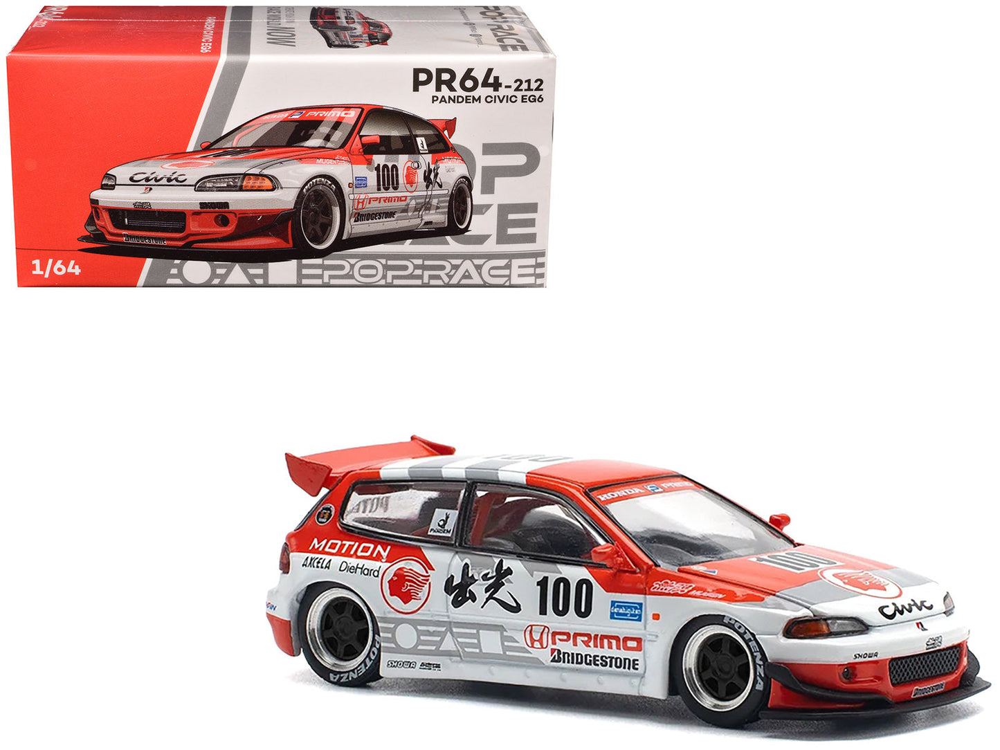Pandem Civic EG6 V1.5 RHD (Right Hand Drive) #100 "Idemitsu Motion Infinite" White and Red with Graphics 1/64 Diecast Model Car by Pop Race  free shipping USA