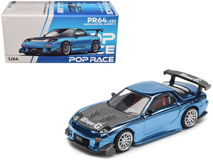 Mazda RX-7 RE-Amemiya Widebody RHD (Right Hand Drive) Blue Chrome with Carbon Hood 1/64 Diecast Model Car by Pop Race  free shipping USA