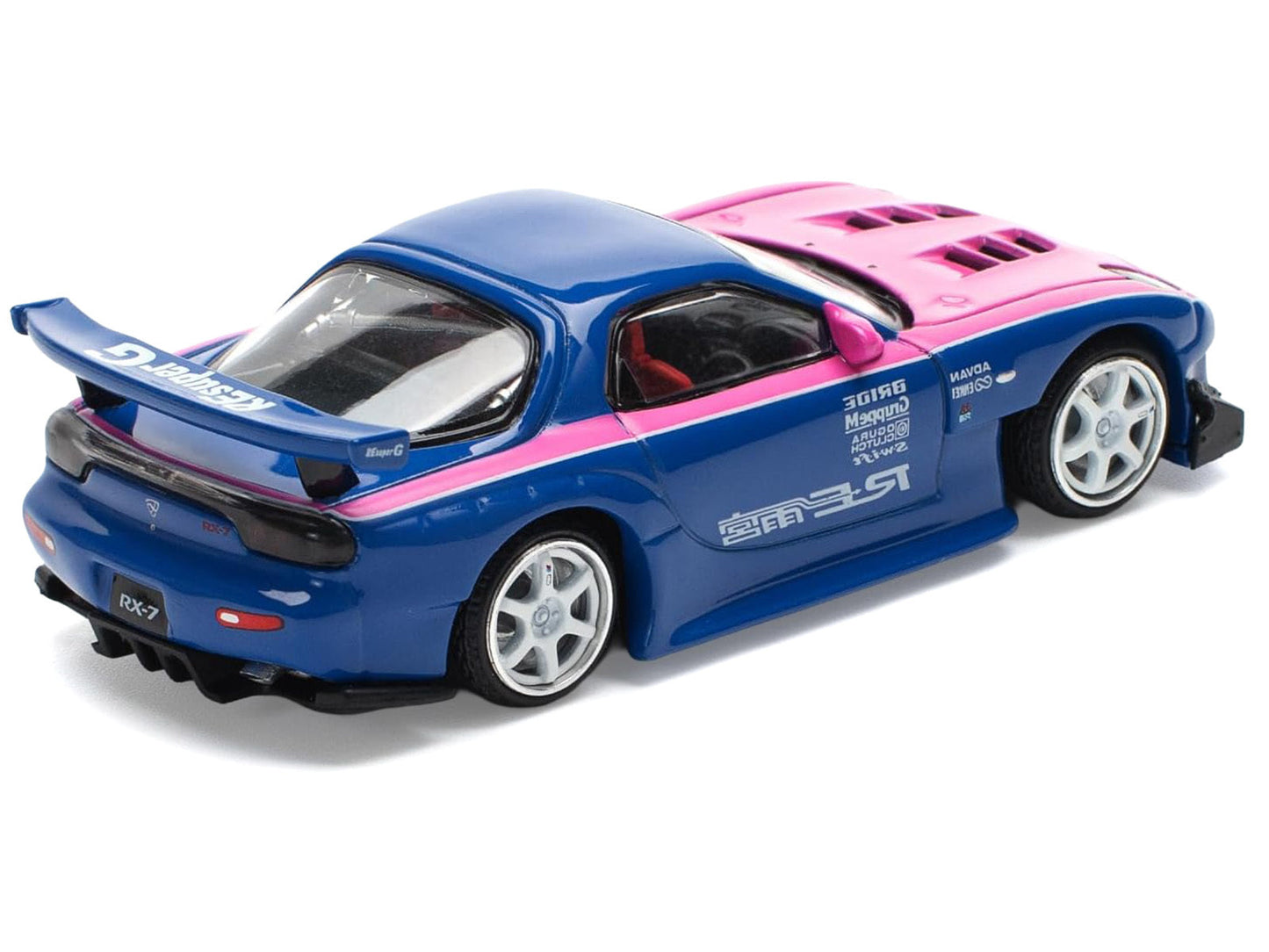 Mazda RX-7 RE-Amemiya Widebody RHD (Right Hand Drive) Blue with Pink Hood and Stripes 1/64 Diecast Model Car by Pop Race