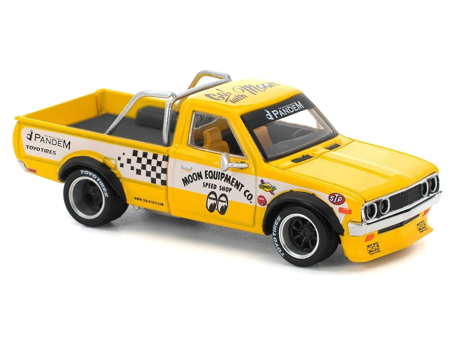 Datsun Pandem 620 Pickup Truck "MoonEyes" Yellow with White Sides and Graphics 1/64 Diecast Model Car by Pop Race