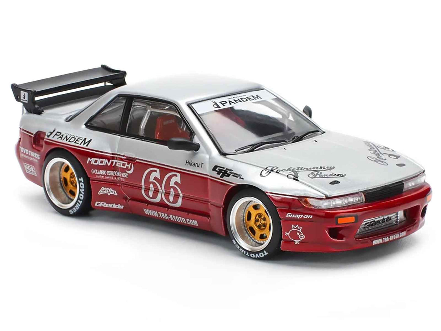 Nissan Pandem S13 RHD (Right Hand Drive) #66 "Moontech" Silver and Red Metallic 1/64 Diecast Model Car by Pop Race
