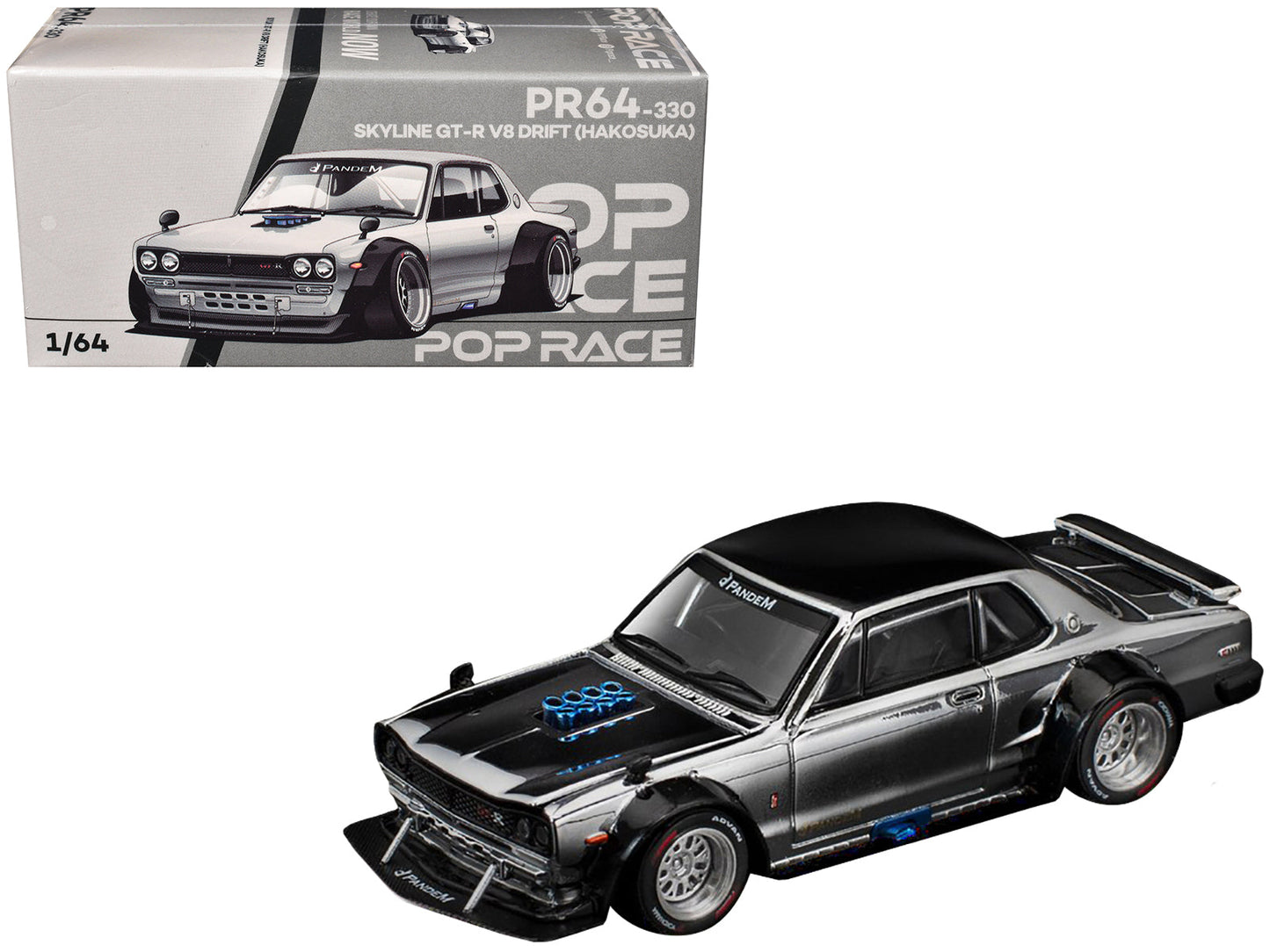 Skyline GT-R V8 Drift "Hakosuka" RHD (Right Hand Drive) Silver Chrome with Black Hood and Top 1/64 Diecast Model Car by Pop Race  free shipping USA