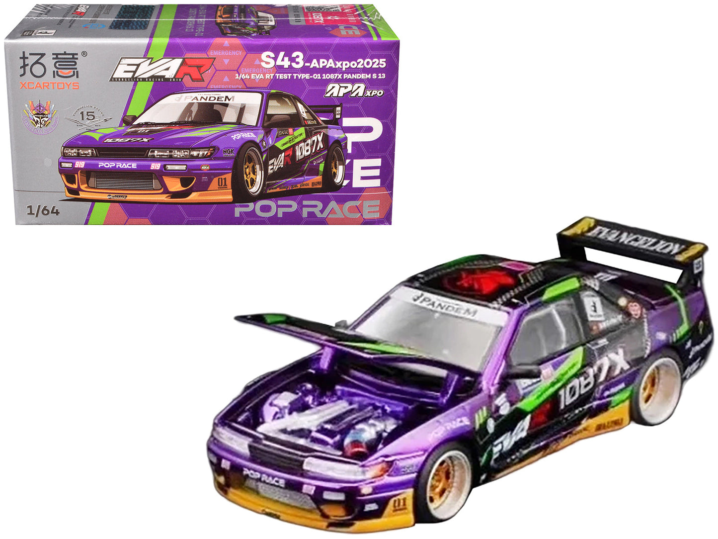 Nissan S13 1087X Pandem RHD (Right Hand Drive) "EVA RT Test Type-01" Purple Metallic with Graphics "APA XPO 2025 Exclusive" 1/64 Diecast Model Car by Pop Race  free shipping USA
