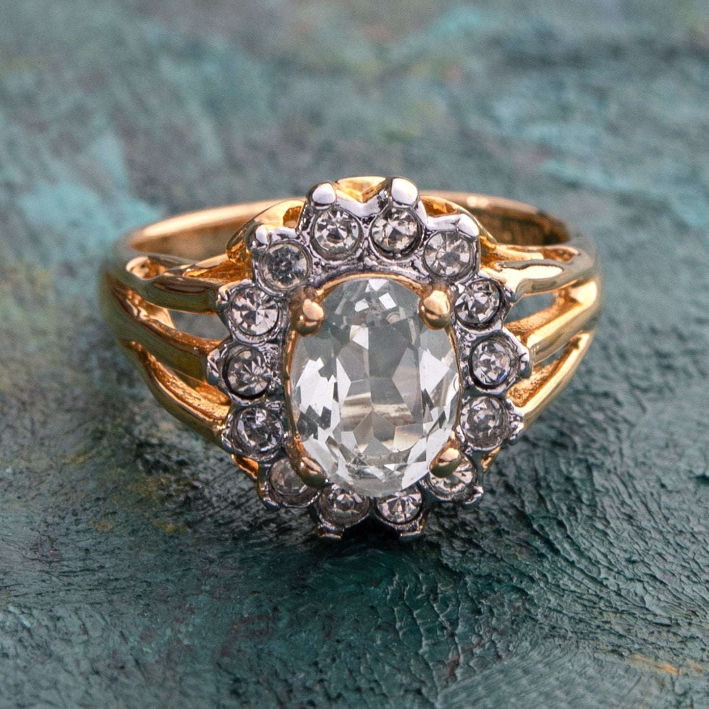 Vintage Jewelry Genuine Stone or Crystal Surrounded by Clear Austrian Crystals Ring Made in the USA by PVD Vintage Jewelry