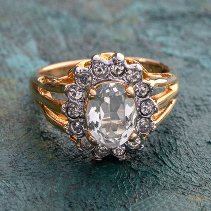 Vintage Jewelry Genuine Stone or Crystal Surrounded by Clear Austrian Crystals Ring Made in the USA by PVD Vintage Jewelry
