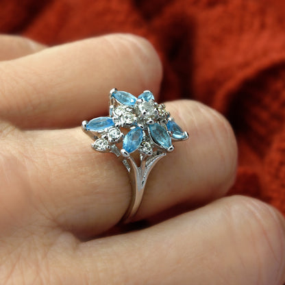 Vintage Ring Aquamarine and Clear Swarovski Crystals 18k White Gold Unique Cluster Antique Womans #R1863-AQW Size: 4 by PVD Vintage Jewelry