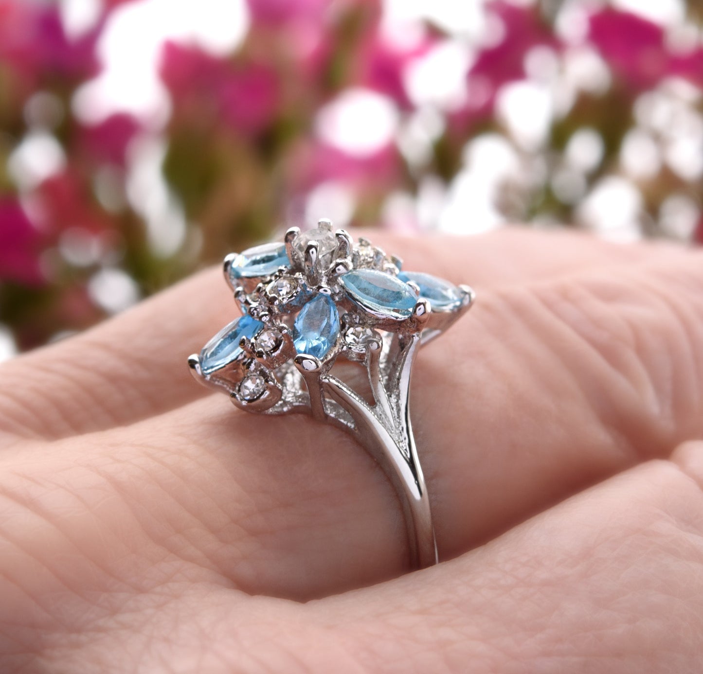 Vintage Ring Aquamarine and Clear Swarovski Crystals 18k White Gold Unique Cluster Antique Womans #R1863-AQW Size: 4 by PVD Vintage Jewelry
