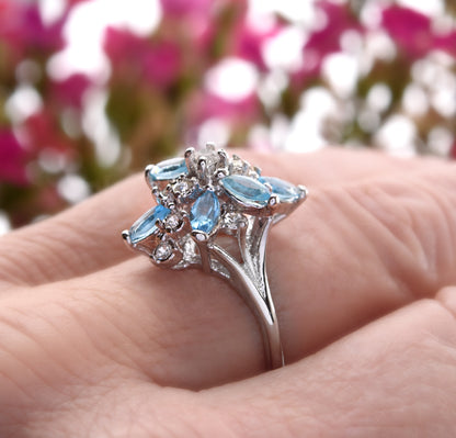 Vintage Ring Aquamarine and Clear Swarovski Crystals 18k White Gold Unique Cluster Antique Womans #R1863-AQW Size: 4 by PVD Vintage Jewelry