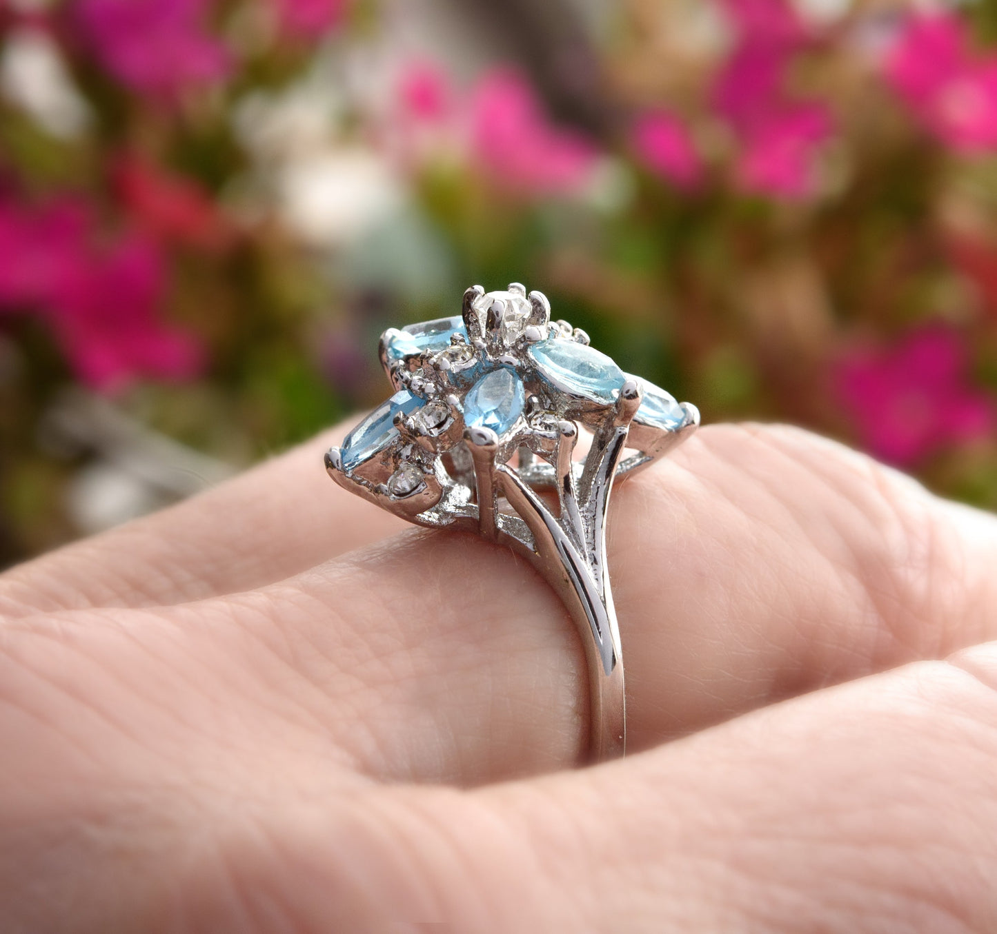 Vintage Ring Aquamarine and Clear Swarovski Crystals 18k White Gold Unique Cluster Antique Womans #R1863-AQW Size: 4 by PVD Vintage Jewelry