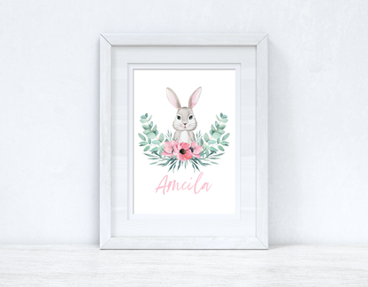 Personalised Pink Wording Floral Bunny Easter Spring Seasonal Wall Home Decor Print by WinsterCreations™ Official Store