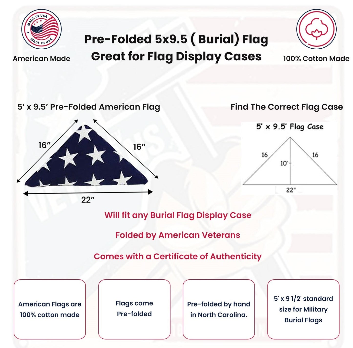 Folded Memorial Flag American US Flag 5x9.5 Foot Heavy Duty Cotton for Veteran