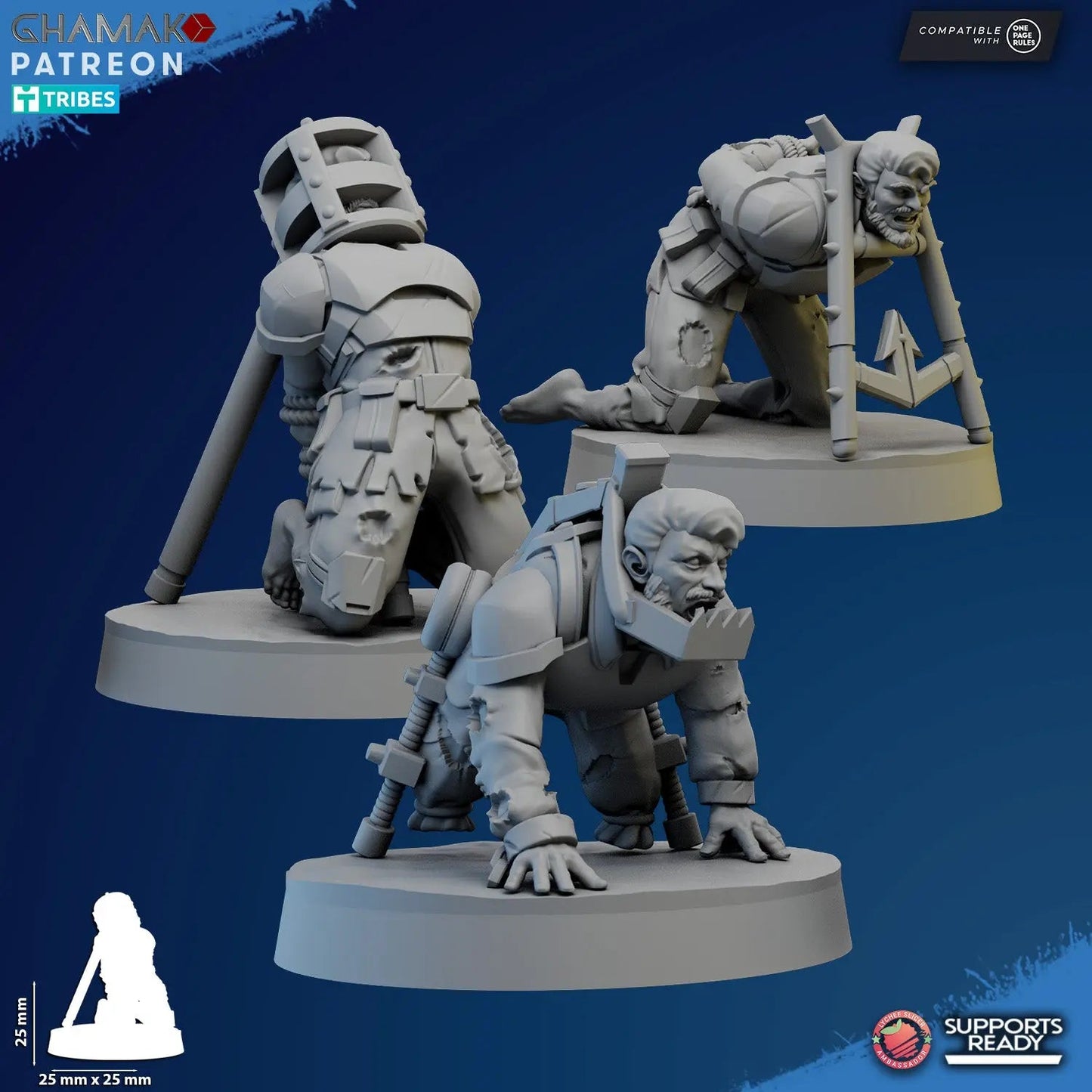 Tortured Prisoners and Torturer by Ghamak, 28/32mm Heroic Scale Miniature, 32mm tall, 4 Units