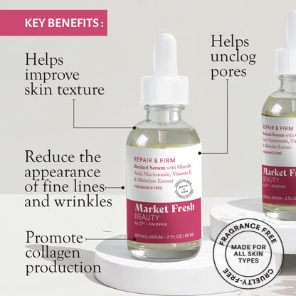 Market Fresh Beauty Retinol Repair & Firm Serum with Niacinamide, Glycolic, Ferulic Acid | Fragrance-Free | 2 fl oz by  Los Angeles Brands