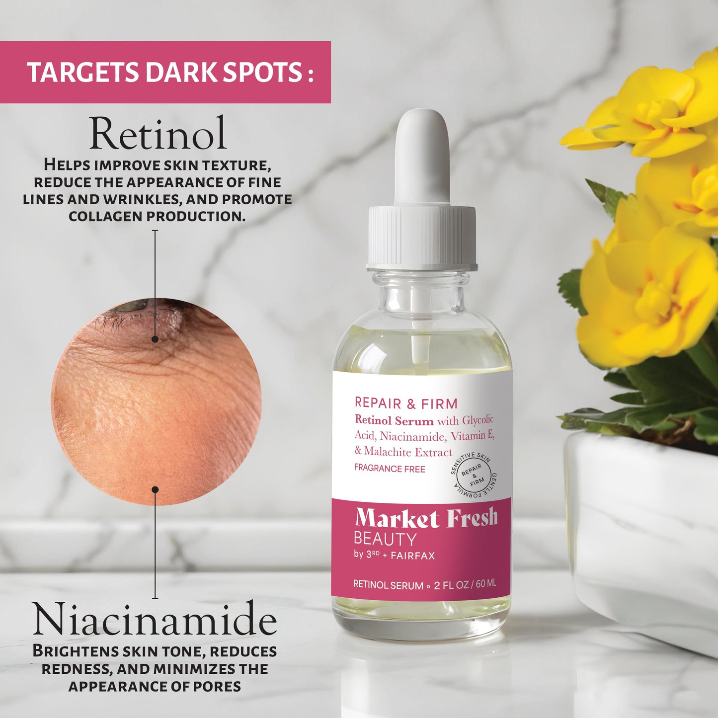 Market Fresh Beauty Retinol Repair & Firm Serum with Niacinamide, Glycolic, Ferulic Acid | Fragrance-Free | 2 fl oz by  Los Angeles Brands
