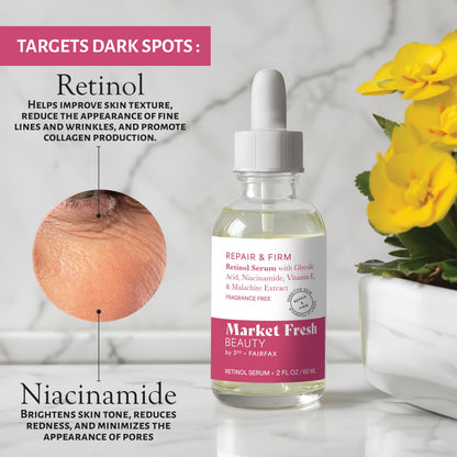 Market Fresh Beauty Retinol Repair & Firm Serum with Niacinamide, Glycolic, Ferulic Acid | Fragrance-Free | 2 fl oz by  Los Angeles Brands