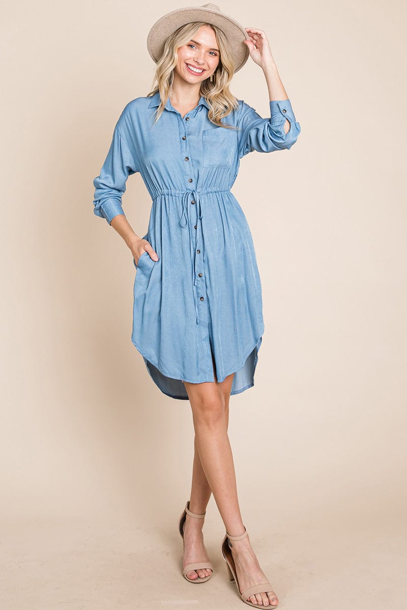 Button Down drawstring Tie waist Chambray Dress by RolyPoly Apparel