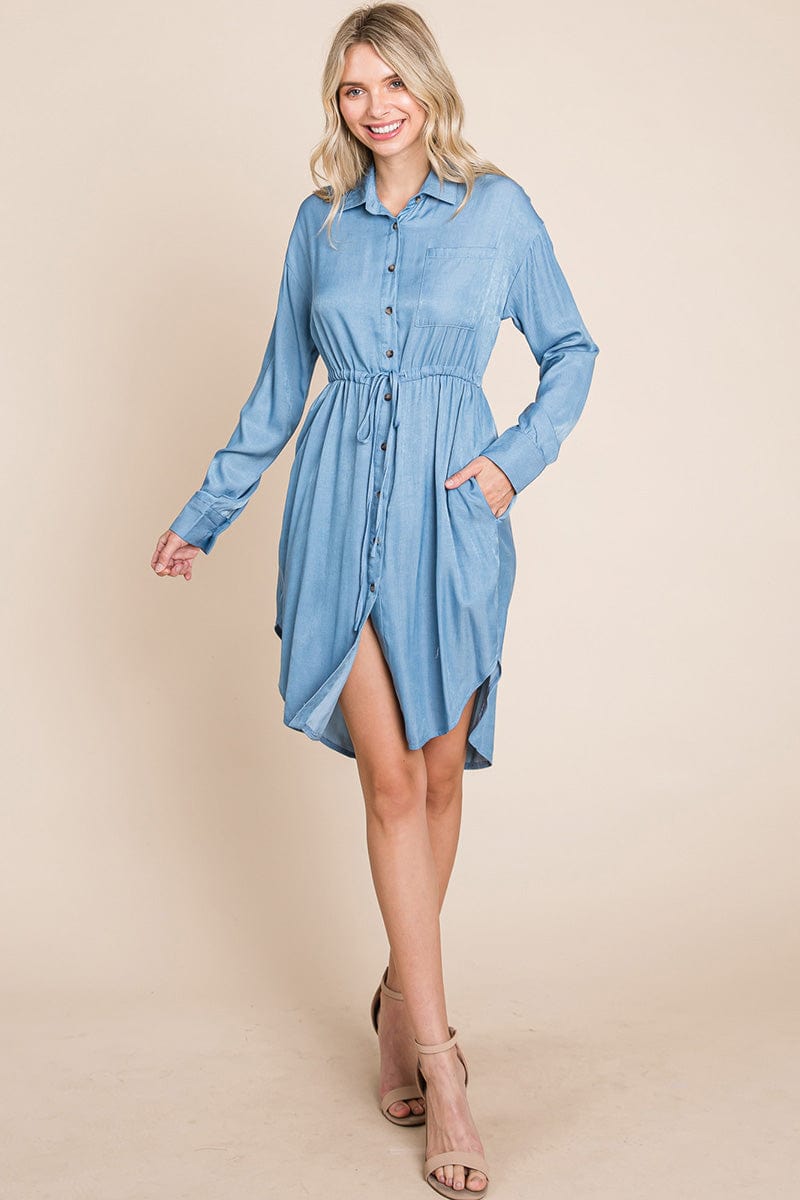 Button Down drawstring Tie waist Chambray Dress by RolyPoly Apparel