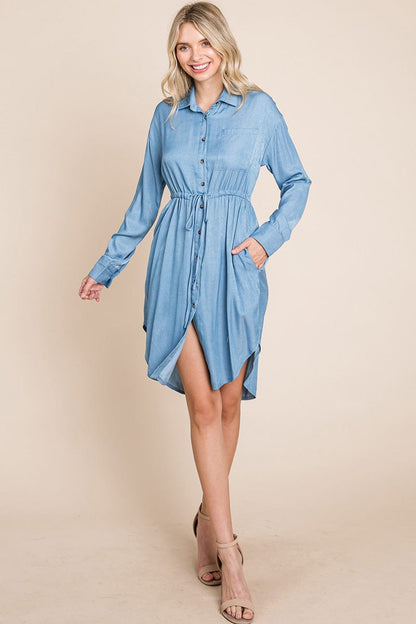 Button Down drawstring Tie waist Chambray Dress by RolyPoly Apparel