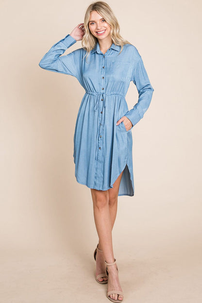 Button Down drawstring Tie waist Chambray Dress by RolyPoly Apparel